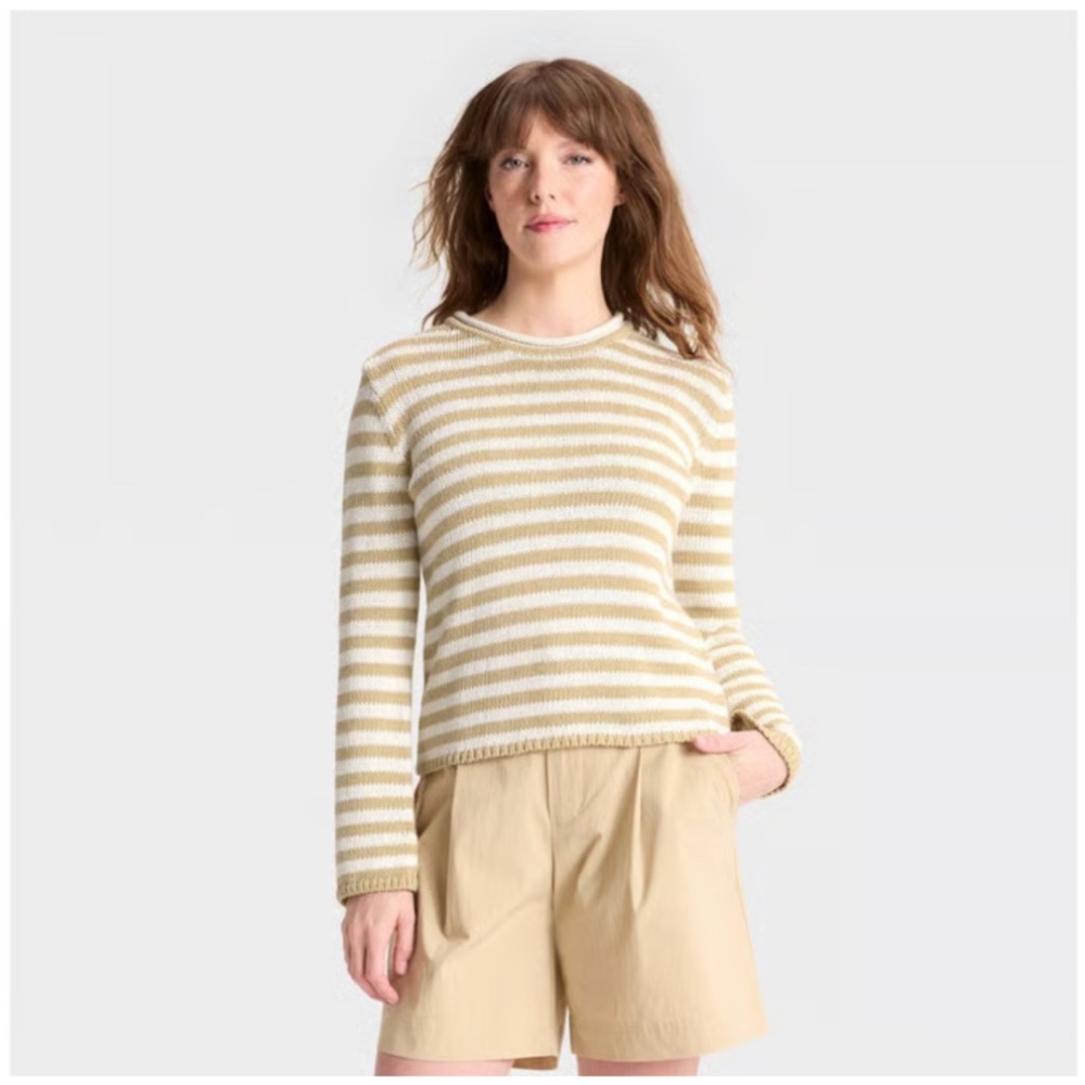 A New Day - Women's Shrunken Crewneck Pullover Sweater Tan/White Size XS